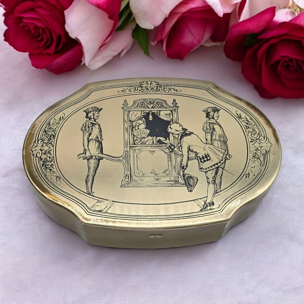 1920s Schraffts Empty Antique Candy Hinged Tin Etched Queen Court-Carry Carriage